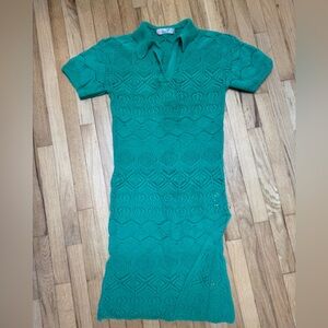 Fun free people beach Crochet Midi Polo Dress Teal Aqua Cotton M EUC